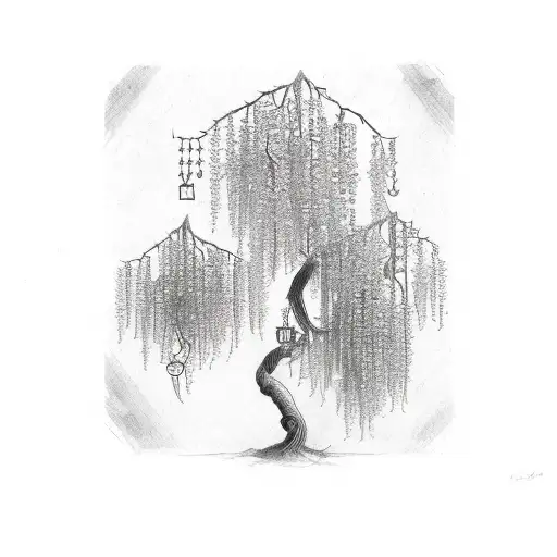 An Elegant Sketch Of A Wisteria Tree With Tarot Cards Hanging From The Branches