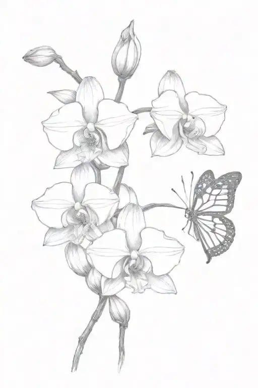 Orchid Flowers And Small Monarch Butterfly Resting
