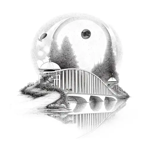 Bridge Across Ethereal Landscape With Moon And Saturn And Candlelight And Leaves And Butterflies