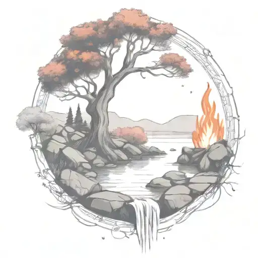 A Rowan Berry Tree And A Campfire Beside A River Waterfalling Down The Front
