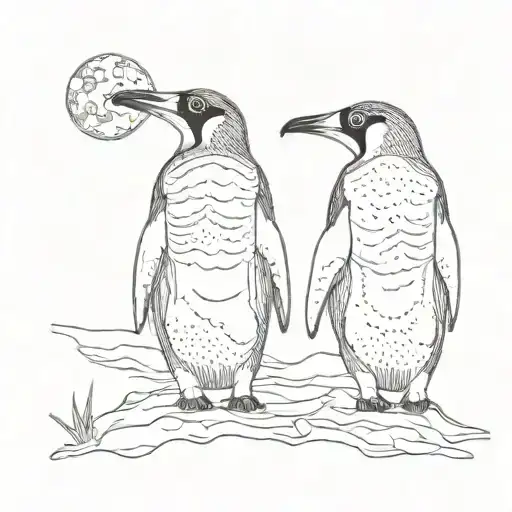Two African Penquins Holding Hands Looking At The Moon With Their Backs Facing Forward
