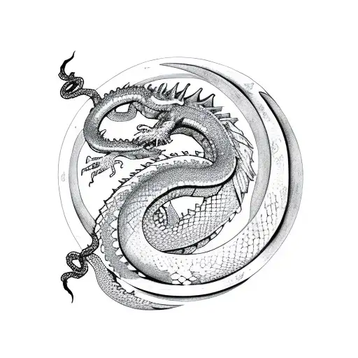 Dragon And Snake Intertwined Around The Moon