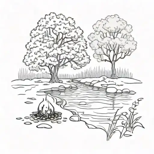 A Rowan Berry Tree And A Campfire Beside A River Waterfalling Down The Front
