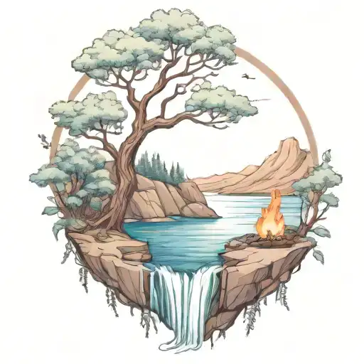 A River With A Campfire And A Rowan Tree On Either Side Of It Waterfalls Down The Front