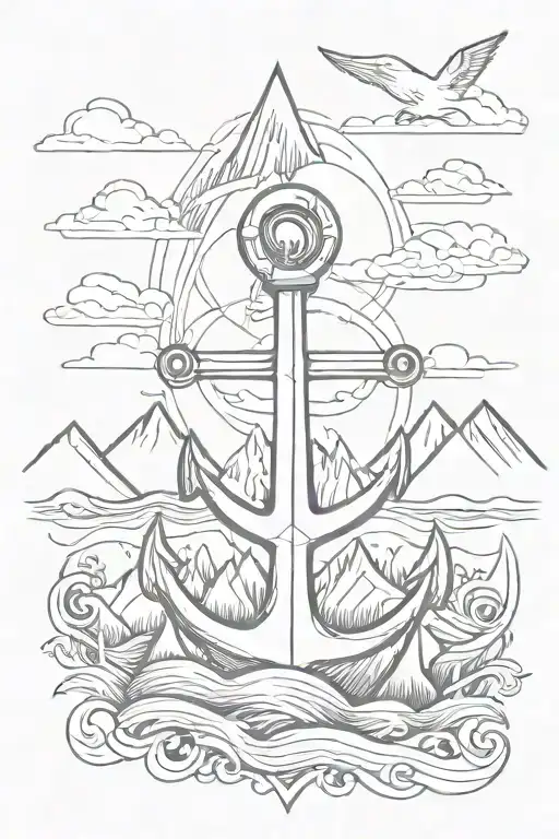 Anchor Surrounded With Mountains And Waves