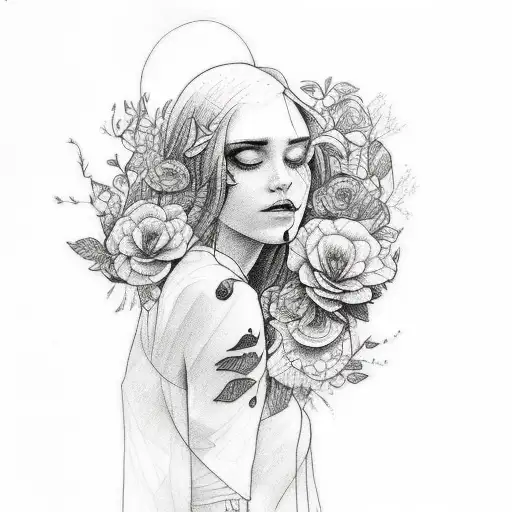 Sketch-style Tattoo Of A Woman Merging With Nature And Surrounded By Flowers