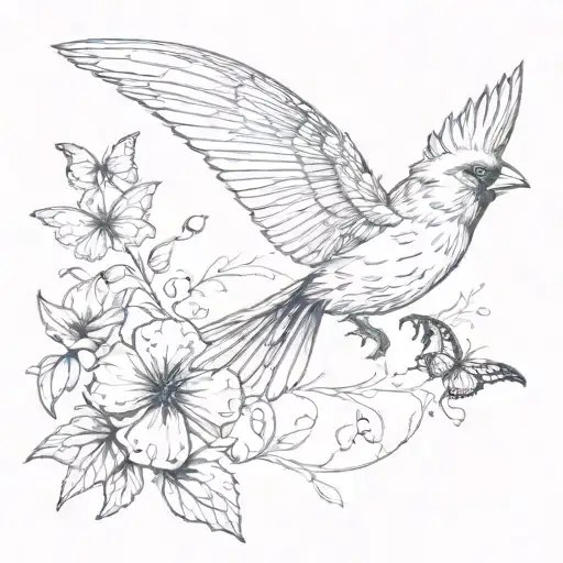 Cardinal Chasing Butterfly Playfully