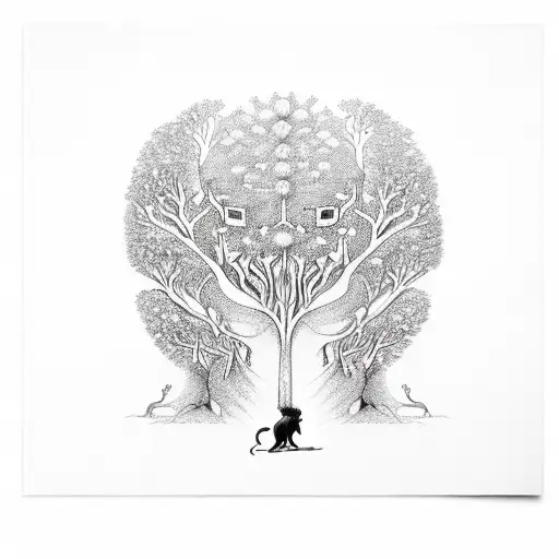 Tree Of Life With Hands Holding Everything Together With 4 Lions