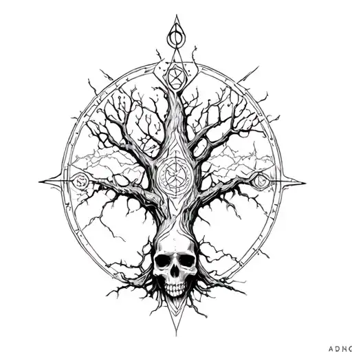Vegvisir And Yggdrasil And Skull