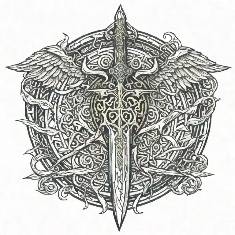 Legolas Sword Handles Behind Templar Shield With Cross With Ribbon And Wings