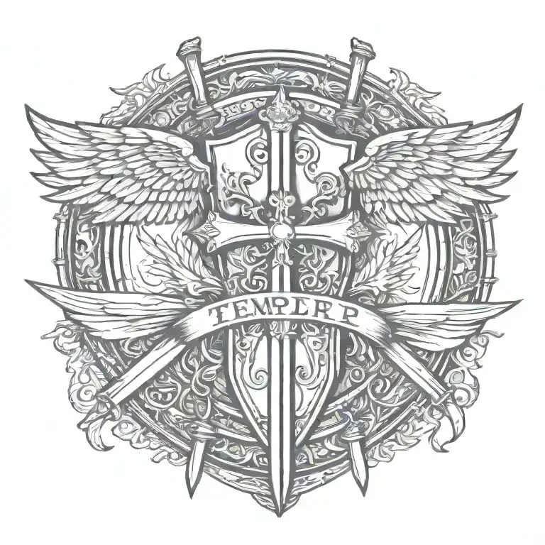 Sword Handles Behind Templar Shield With Wings Behind A Cross With Ribbon