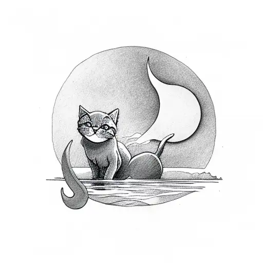 Simple Cat Drinking From River With Crescent Moon