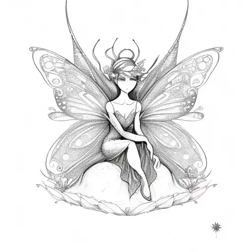 A Whimsical Fairy Sitting On A Delicate Flower In A Sketch Style