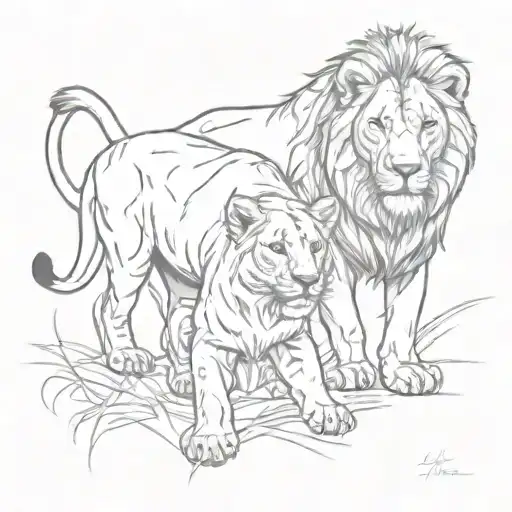 Lion Lioness 2 Lion Cubs Playing