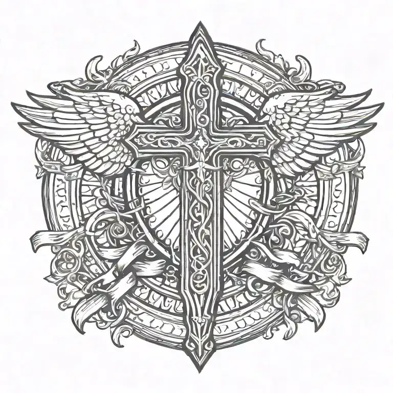 Sword Handles Behind Templar Shield With Wings Behind A Cross With Ribbon Saying John 15-13