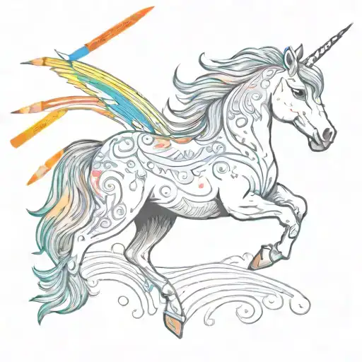 A Magical Unicorn Surrounded By A Rainbow Of Colored Pencils And Paintbrushes