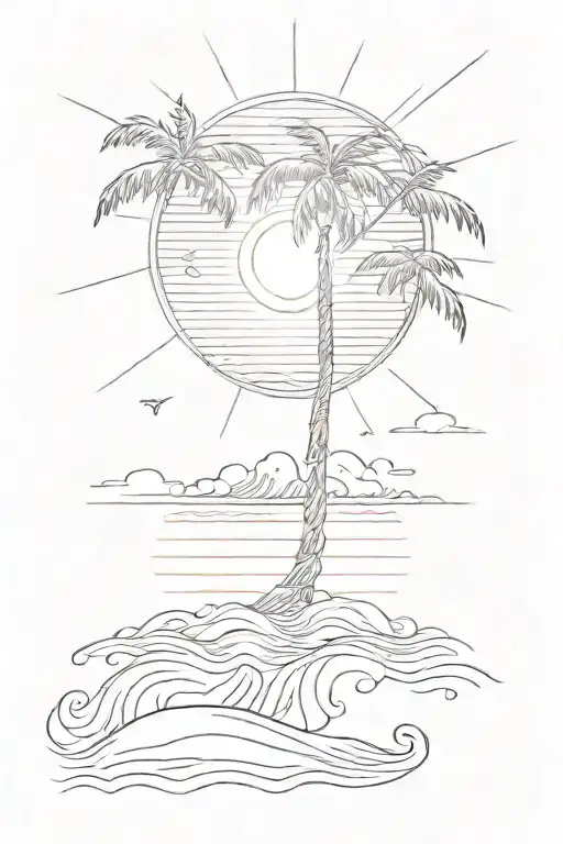 Ocean With Sand With Palm Tree Coming Out Of It With A Sun Above Shining Rays Down
