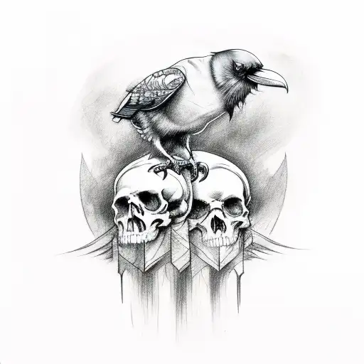 A Sketch-style Tattoo Of A Raven Perched On A Stack Of Skulls