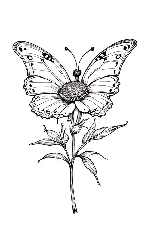 Fine Line Tattoo Of A Butterfly On A Marigold Flower