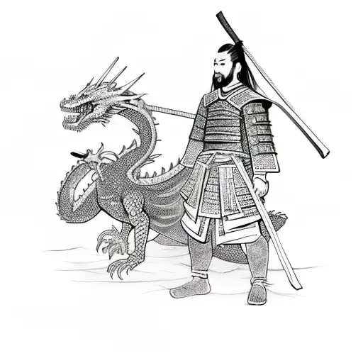 Samurai Fighting A Dragon While Holding A Beautiful Girl