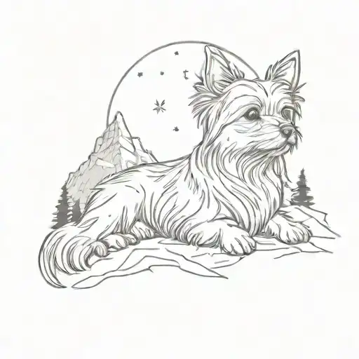 A Sketch Style Tattoo Of A Yorkie Dog Peacefully Sleeping Under A Starlit Sky In The Mountains