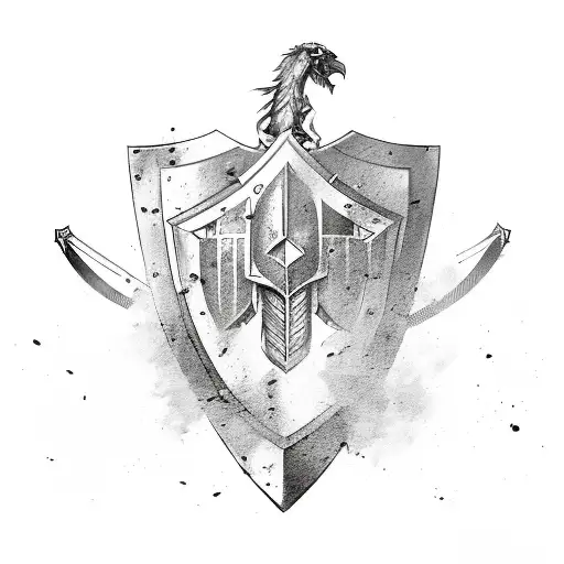 Shield With Sword And Staff Behind And Banner Above