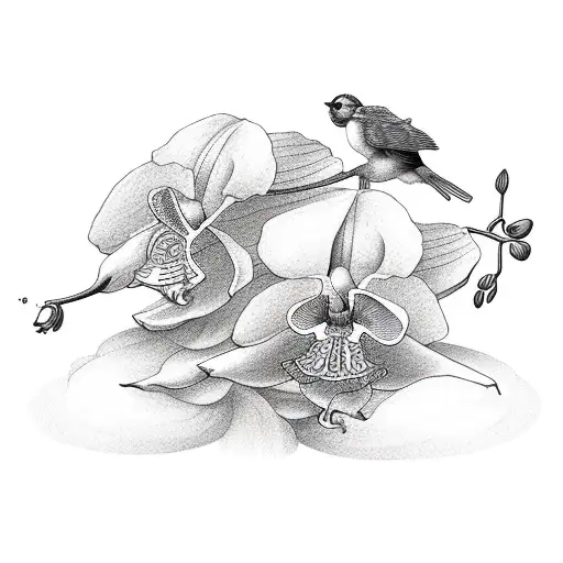 2 Birds Sitting On An Orchid And1 Bird Flying Away