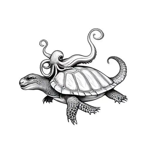 Small Octopus Riding A Leatherback Turtle