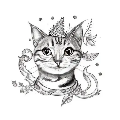 A Playful And Whimsical Tattoo Featuring A Mischievous Cat Surrounded By Enchanting Forest Elements