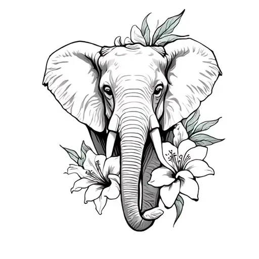 Elephant Head And Trunk With Lilies And Hibiscus Flowers On Forearm