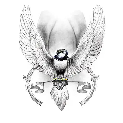 White Crowned Eagle With Wings Holding Irish Harp In His Claws