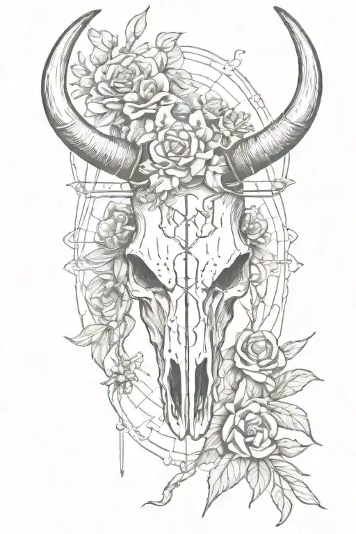 Flowers And Half A Long Horn Bull Skull With Arrows And Barbed Wire