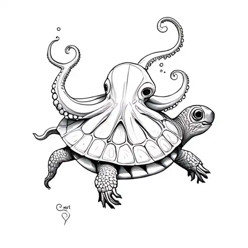 Octopus Riding A Turtle Swimming