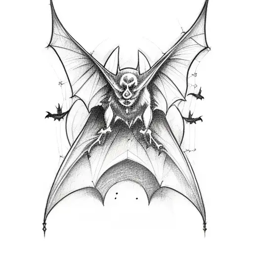 A Sketch-style Tattoo Of A Gothic Cathedral With Bats Flying Around It