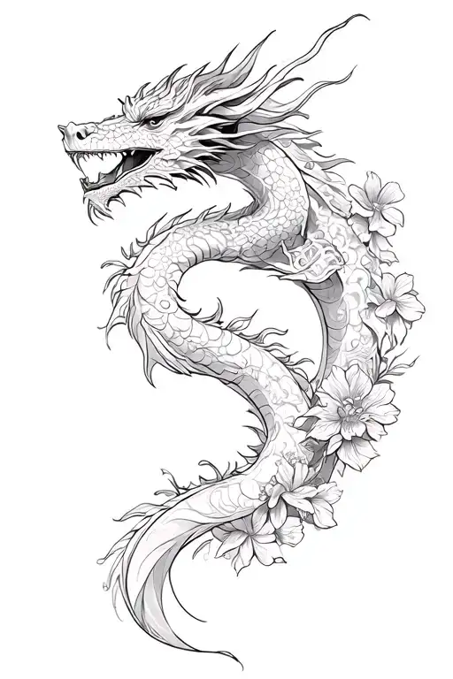 Feminine Dragon Intertwined In Flowers Growing