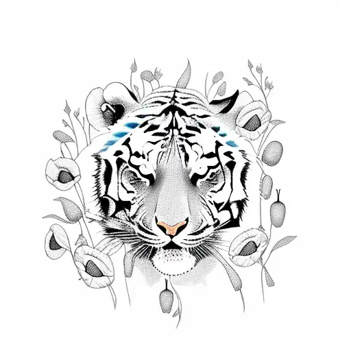 Full Body Tiger Walking Towards You Surrounded By Poppy Flowers And Larkspur Flowers