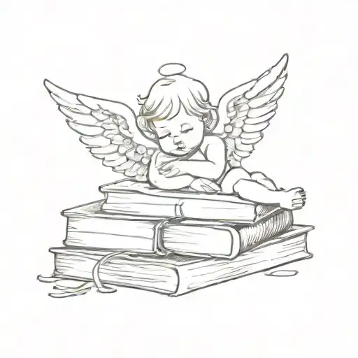 Fine Line Tattoo Of A Baby Angel Peacefully Resting On Small Stack Of Books Make It Minimalistic