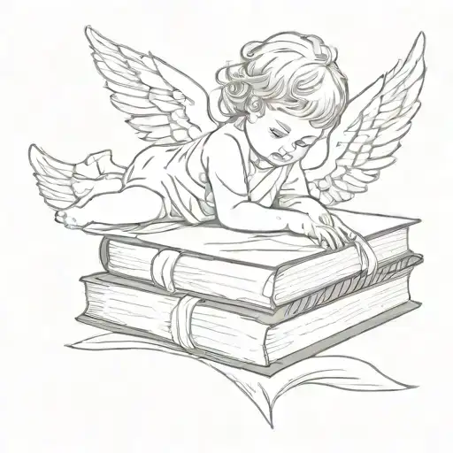 Fine Line Tattoo Of A Baby Angel Peacefully Resting On Small Stack Of Books Make It Minimalistic