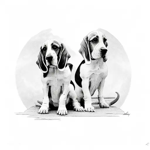 Two Angel Basset Hounds Sitting On A Cloud One Is Black And White And The Other Is Brown And White