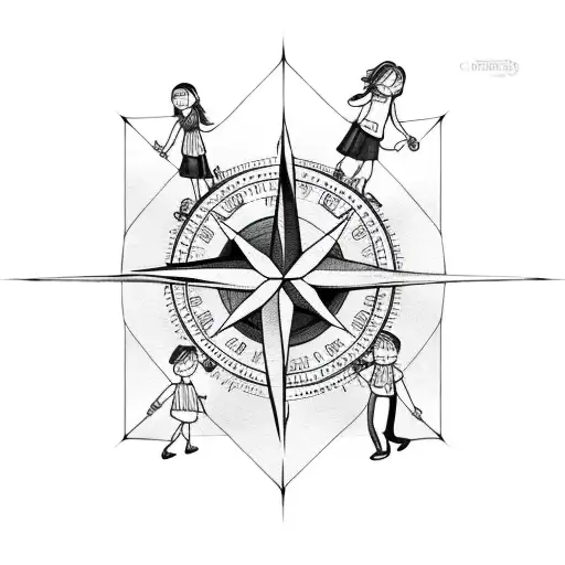 Father And Two Daughters Holding Hands And Compass Background