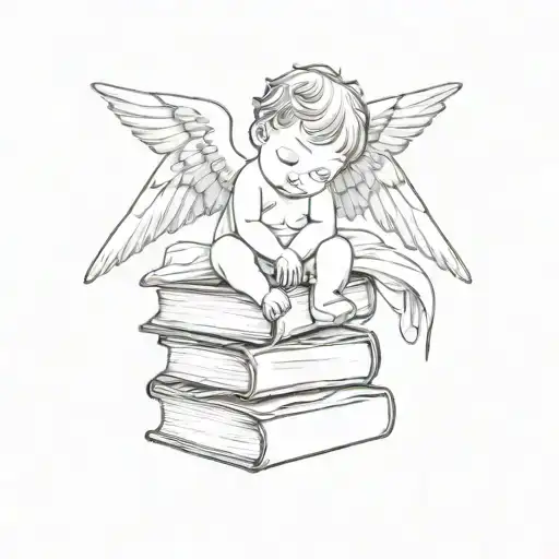 Fine Line Tattoo Of A Baby Angel Peacefully Resting On Small Stack Of Books Make It Minimalistic