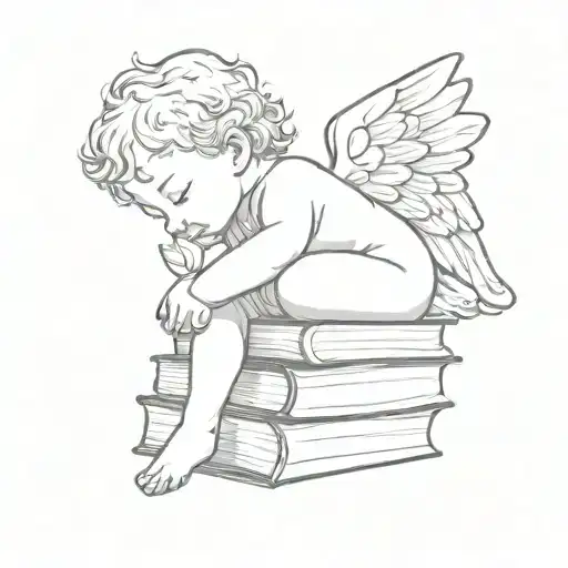Fine Line Tattoo Of A Baby Angel Peacefully Resting On Small Stack Of Books Make It Minimalistic