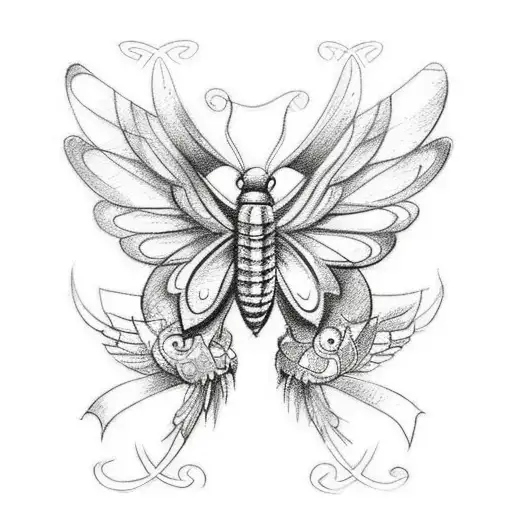 A Sketch-style Tattoo Of A Butterfly With Wings Made Up Of Various Religious Symbols