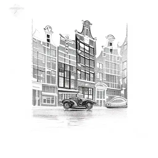 A Detailed Sketch Of A Vintage Car Driving Through The Streets Of Amsterdam