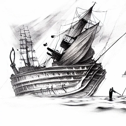 Man-of-war Ship In Dark Stormy Seas With Grim Reaper In The Water