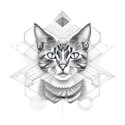 A Black And Grey Sketch Of A Cat Surrounded By Geometric Patterns