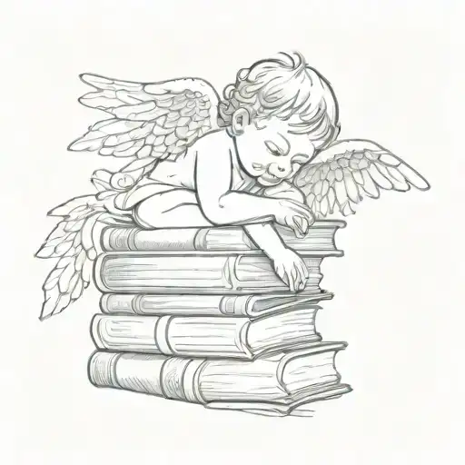 Fine Line Tattoo Of A Baby Angel Peacefully Resting On Small Stack Of Books Make It Minimalistic