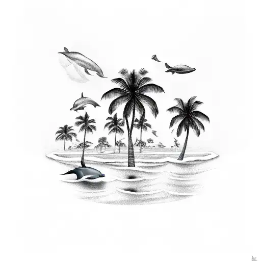 Palm Tree With Dolphins Swimming