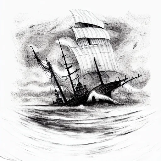 Man-of-war Ship In Dark Stormy Seas With Huge Grim Reaper In The Water