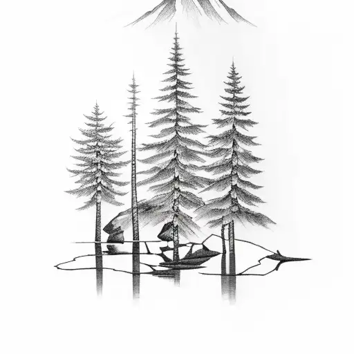 A Serene Blackwork Tattoo Of A Solitary Pine Tree Reflected In A Tranquil Mountain Lake